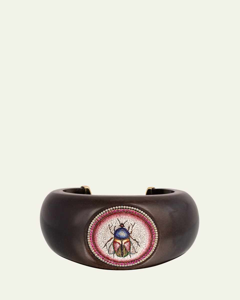 18K Yellow Gold Brauna Wood Cuff Bracelet with Scarab Micro Mosaic, Diamonds and Rubies